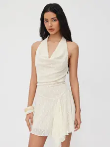 Cowl Halter Neckline Lace Knotted Ruffle Mini Dress