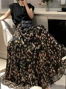 Women's Vintage Floral Ruffle Skirt, High Waist A-Line Long Dress, Summer Vacation Date, Elegant Casual Wear