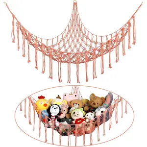 New Upgrade Stuffed Animal Hammock Corner, Hand-knitted Large Plushie Net Toy Hammock with Wooden Rings | Boho Cute Stuff Animal Storage for Nursery & Bedroom | Mesh Kids Toy Organizer Holder Nursery Room Decor