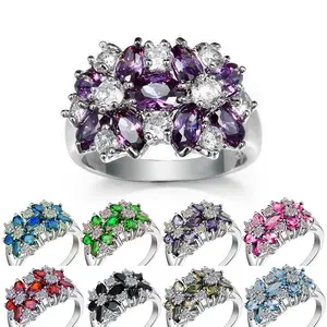 Colorful Marquise-Cut Stone Cluster Ring — A Creative, Blooming Flower Design Adorned with Zircon Accents. An "Affordable Luxury" Niche Jewelry Piece Perfect for Banquets and Parties; Unisex Style, Ideal as a Gift for Partners or Best Friends. woman party