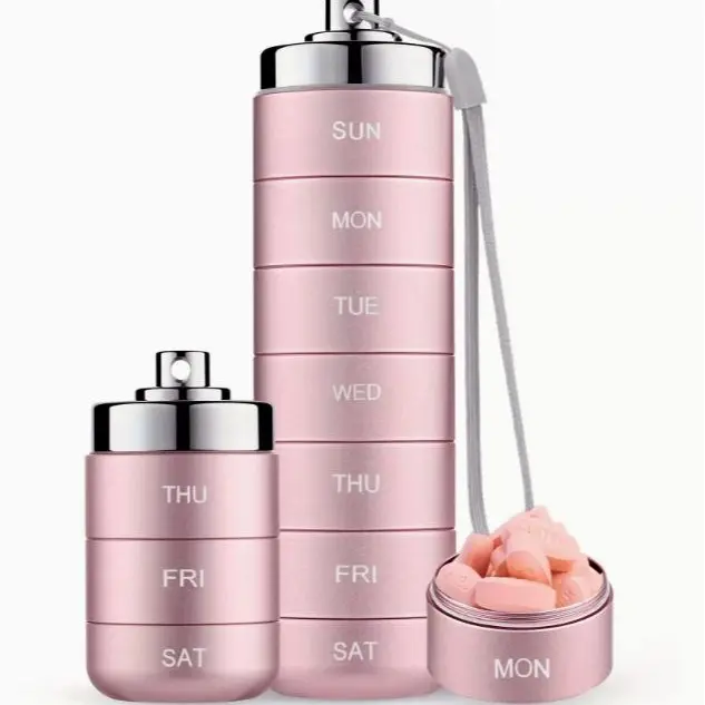Black 7-Day Detachable Metal Pill Organizer, Portable Weekly Aluminum Pill Box with Lanyard, Waterproof Travel Medicine Container for Vitamins, Supplements, Outdoor Camping Home Healthcare