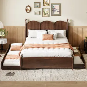 Queen Size Platform Bed with Storage Drawers and Twin XL Size Trundle, Wooden Bed Frame, No Box Spring Needed, Walnut