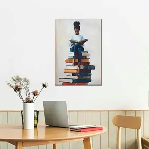 African American Bookshelf Wall Art Girl Illustration Vintage Female Reading Print, Moody Victorian Style Poster, Framed Library Decor for Book Lovers