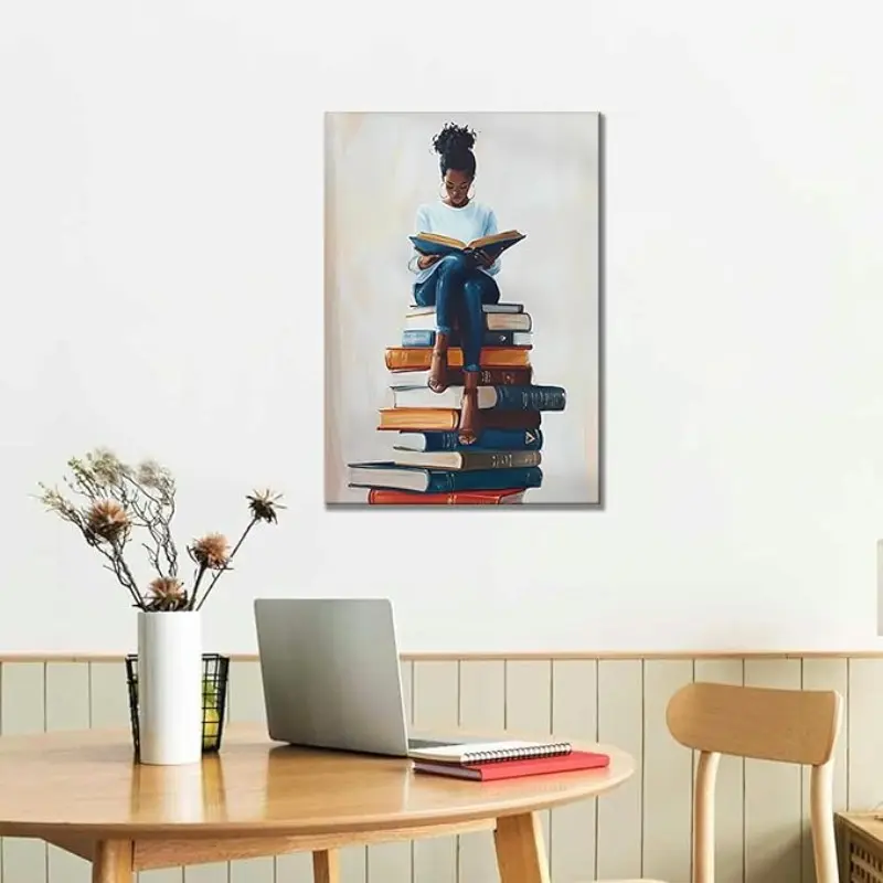 African American Bookshelf Wall Art Girl Illustration Vintage Female Reading Print, Moody Victorian Style Poster, Framed Library Decor for Book Lovers Artwork