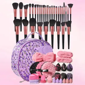 66-Piece Makeup Brush Set with Storage Bag, Sponge, Hair Band, Cleansing Puff, Triangle Puff, Textured Beauty Egg, Face Cleaning Pad, Makeup Accessories Organizer