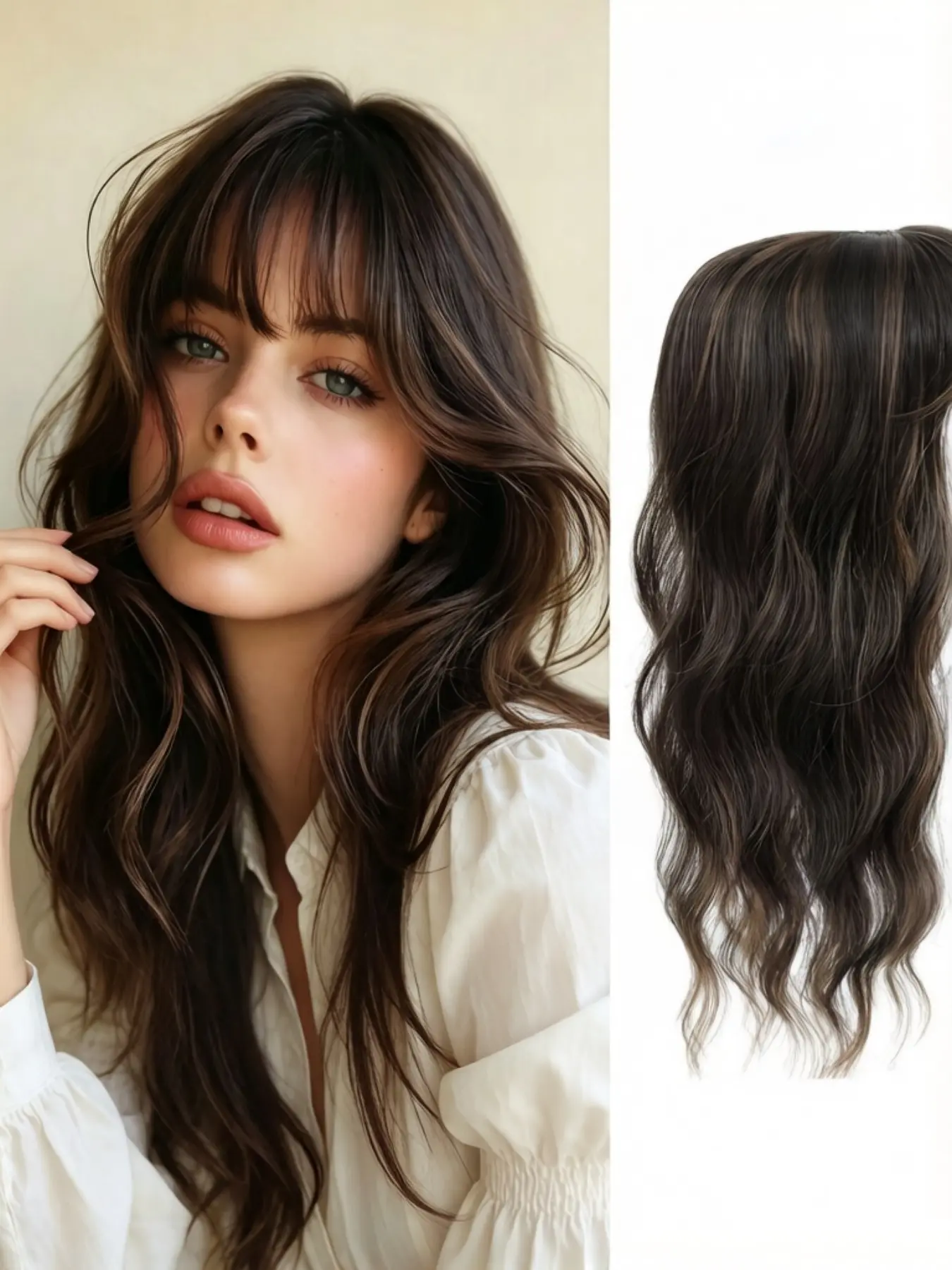 Dark Brown Balayage Wavy Clip-In Hair Topper with Bangs for Women Synthetic Hairpiece Wavy Hair Toppers | 100% Premium Kanekalon Synthetic Hair | Instant Natural Volume for Thinning Hair, Boost Confidence