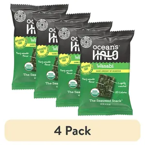 Ocean's Halo Wasabi Organic Trayless Seaweed Snack 4 Pack Vegan Gluten-Free 0.14 oz Nori Sheets USDA Certified Organic Non-GMO Shelf-Stable