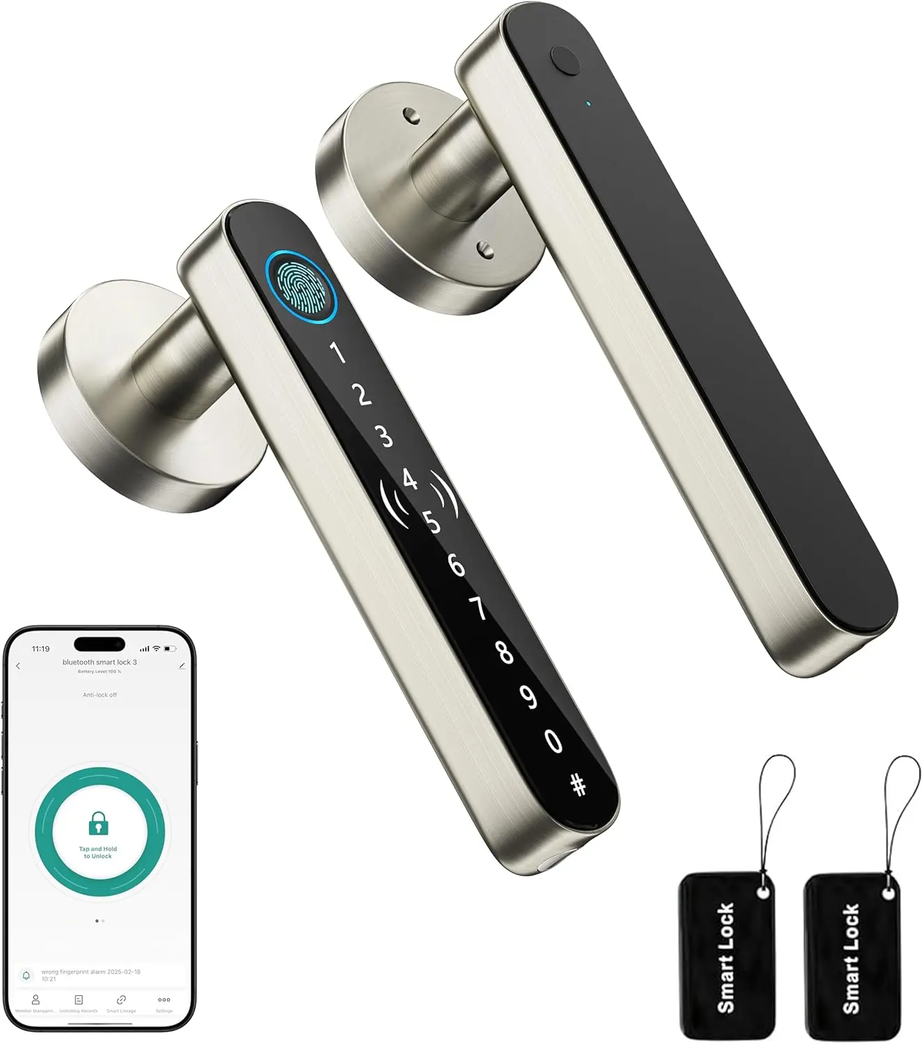 5 in 1 Keyless Entry Door Lock for Bedroom, Fingerprint Door Handle with Code,Thumbprint  Doorknobs Lock Keypad for Interior Room,Apartment,Office,Storage Room,Motel(,Black)
