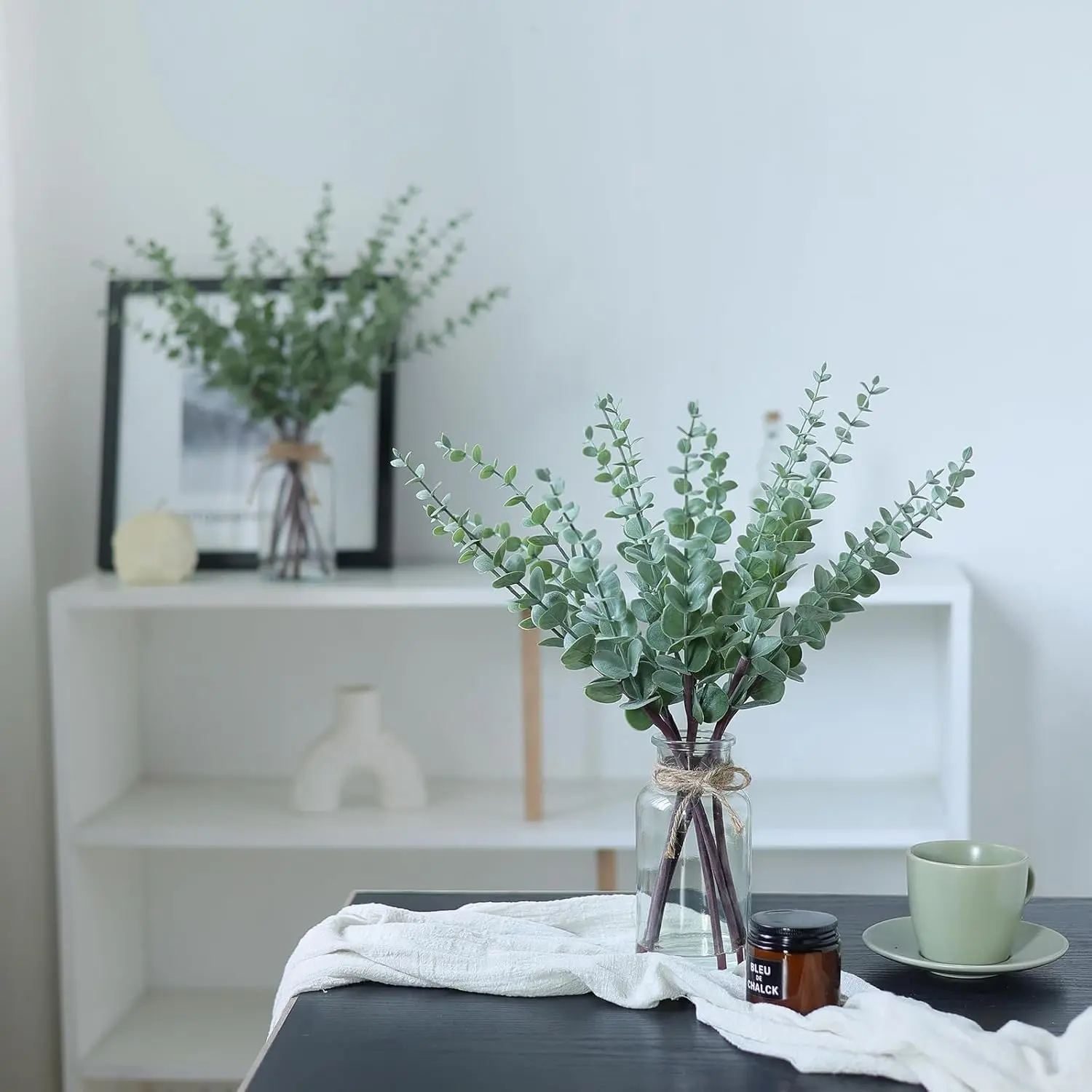 17.5-in Sage Green Synthetic Eucalyptus Branches Set with Glass Vase, Simulated Water, Fake Leaves, White Seeds - Artificial Plant for Farmhouse Wedding Table Decor