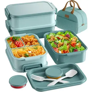 Adults Bento Lunch Box Set with Thermo Bag, 74oz Stackable Leak-proof 3-tiers Bento Box, Built-in Utensil and Sauce Container for Work, School, Dining Out (Green)