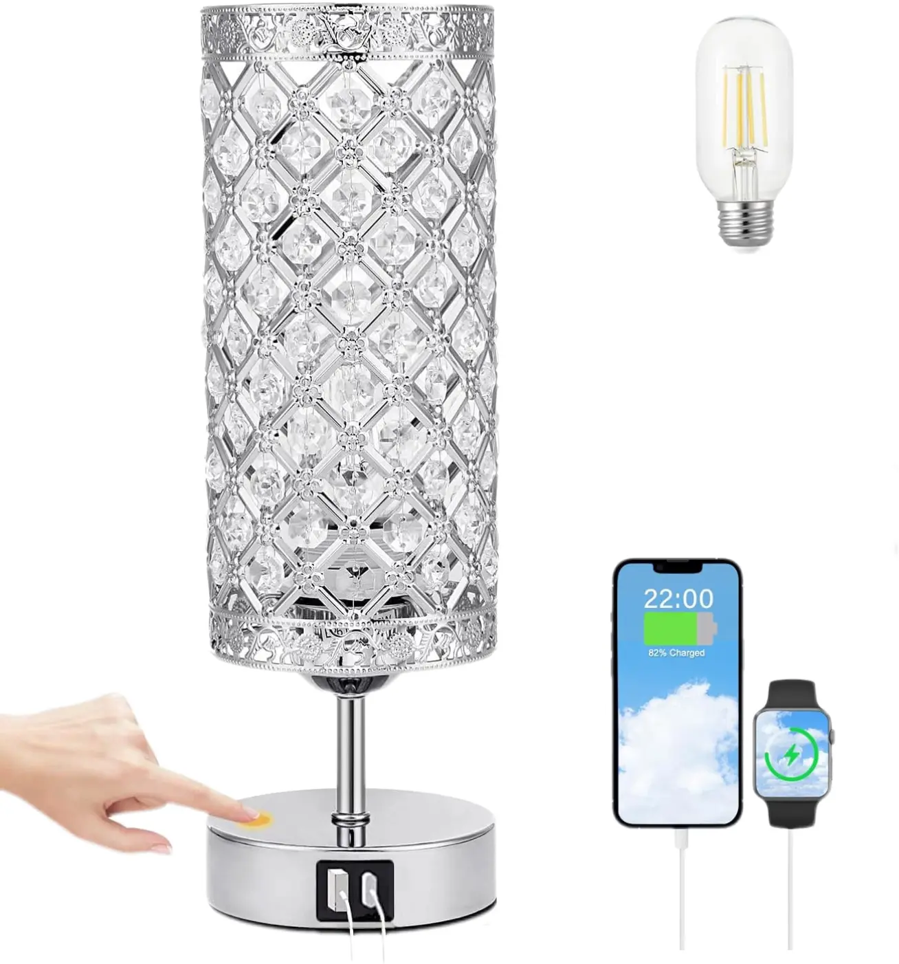 2026 Modern Light Luxury K9 Crystal Table Lamp Plug-In Bedside Nightstand Lamp Built-in USB-A &Type-C Dual Charging Ports, Soft Eye-Care LED Light with Transparent K9 Crystal Lampshade Decorative Ambient Lighting Fixture for Bedroom Living Room Home Desk