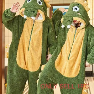 Unisex Cute Crocodile Design Flannel Hooded Jumpsuit, Casual Comfy Long Sleeve Zip Up Jumpsuit for Home Wear, Animal Cosplay Sleepwear for Men & Women, Pajama, Sleep Onesie