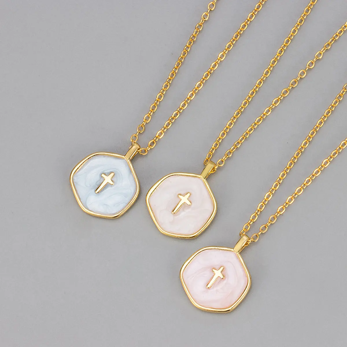 Cross Elegant Colored Enamel Water Drop Necklace, Adjustable Polygonal Religious Belief Necklace, Gift for Ladies
