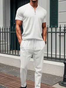 Men's Waffle Knit Quarter Zip Shirt and Pants Set, 2 Piece Casual Outfits, Short Sleeve Top and Elastic Waist Long Pants