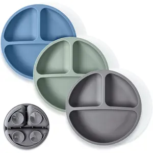 100% Silicone Baby Suction Plates with Lids 3 Pack, Toddler Divided Suction Bowls, Microwave & Dishwasher Safe, Non-Slip Suction Base for Self-Feeding, Perfect for Picky Eaters