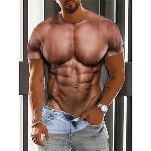 Men's 3D Muscle Print T-Shirt - Retro Style, Crew Neck, Short Sleeve Summer Fitness Shirt - Breathable Polyester Fiber