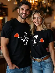 1pc Romantic Couple's Matching Cotton T-Shirt with Heart Balloon Cartoon Design Unisex - Casual Round Neck Short Sleeve, Machine Washable - Perfect for Valentine's Day