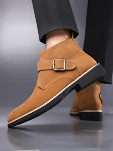 Men's Boots American Vintage Style, Blue Suede Buckle Short Boots, Tall and Slimming, No Chafing, Comfortable Wear