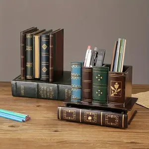 Vintage Book-Inspired Pen Holder & Organizer, Elegant Dark Wood Desk Accessory, Desk Organizer Tidy, Multiple Compartments, Home Office Decor, Gift Giving