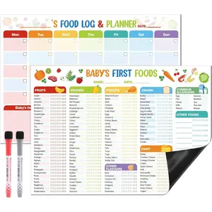 2 Pack 14x10" Magnetic Baby First 100 Foods Tracker, Baby Food Checklist Chart with 2 Dry Erase Markers, Daily Food Log Meal Planner Magnet for Fridge