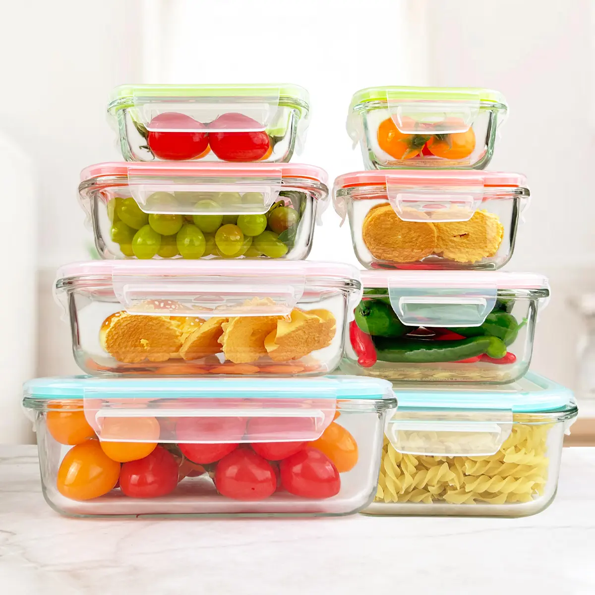 Glass Food Storage Containers Set of 8, Airtight Snap Lock Lids, Glass Meal Prep Containers, Stackable Food Storage Boxes for Fridge Microwave Freezer