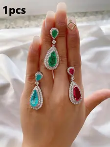 Magnificent Earrings, 2pcs 7ct Synthetic Gems, Emerald & Paraiba, Teardrop Luxury Ear Cuffs, Neon Glow, Party Jewelry, Gift Box Included