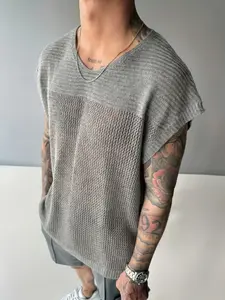 Men's Summer Layered Knit Vest, Shoulder-Covering Sleeve Round Neck Hollow Out Top, Trendy Minimalist Casual Style 2026 New Streetwear Sweater Tee