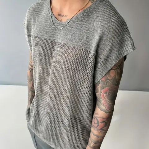 Men's Summer Knitted Vest Tops, Layered Texture, Shoulder Sleeve, Round Neck, Hollow Out, Trendy Minimalist Casual Streetwear, casual fashion clothing, Oversize Oversized Long Loose Fit