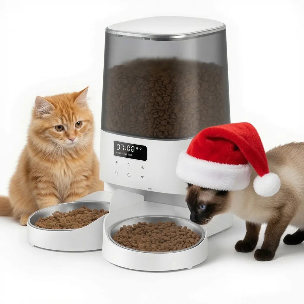 Automatic Cat Feeder - 5L/21Cups Timed Feed Metal+PE Bowl Pet Feeder, 10s Meal Call, Double Bowls to Prevent Fights, 48 Portions, 6 Meals Per Day, Memory Function for Cats & Small Dogs
