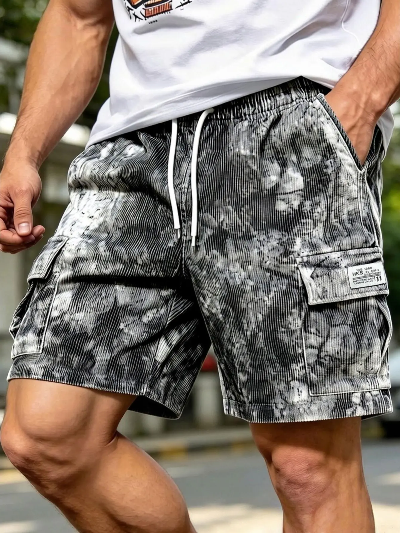 Men's Tie Dye Ribbed Cargo Shorts, Adjustable Drawstring Elastic Waist, Label Decorated Side Pockets Loose Casual Shorts For Street Walking Summer Vacation Multiple Tie Dye Styles