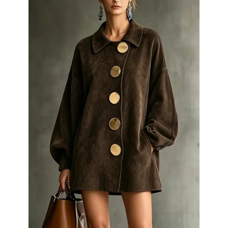 Women Collared Faux Suede Jacket,Collared Big Gold Button Front Lantern Long Sleeve Loose Mid Length Jacket, Fall Casual Outerwear with Pockets