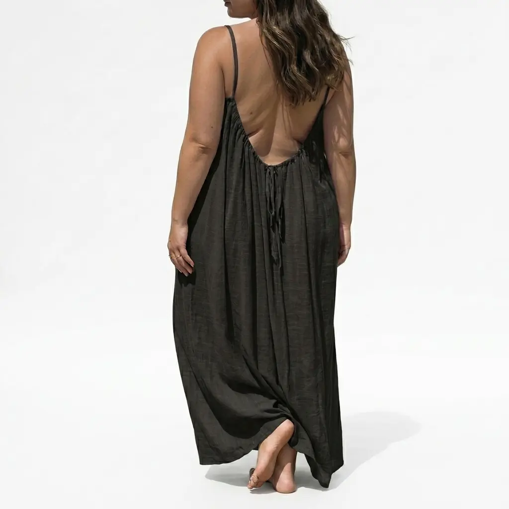 Women's Basic Solid Color Spaghetti Strap Backless Cami Lounge Dress - Elegant Sleeveless Long Lady's Summer Dress for Indoor, Beach Wear