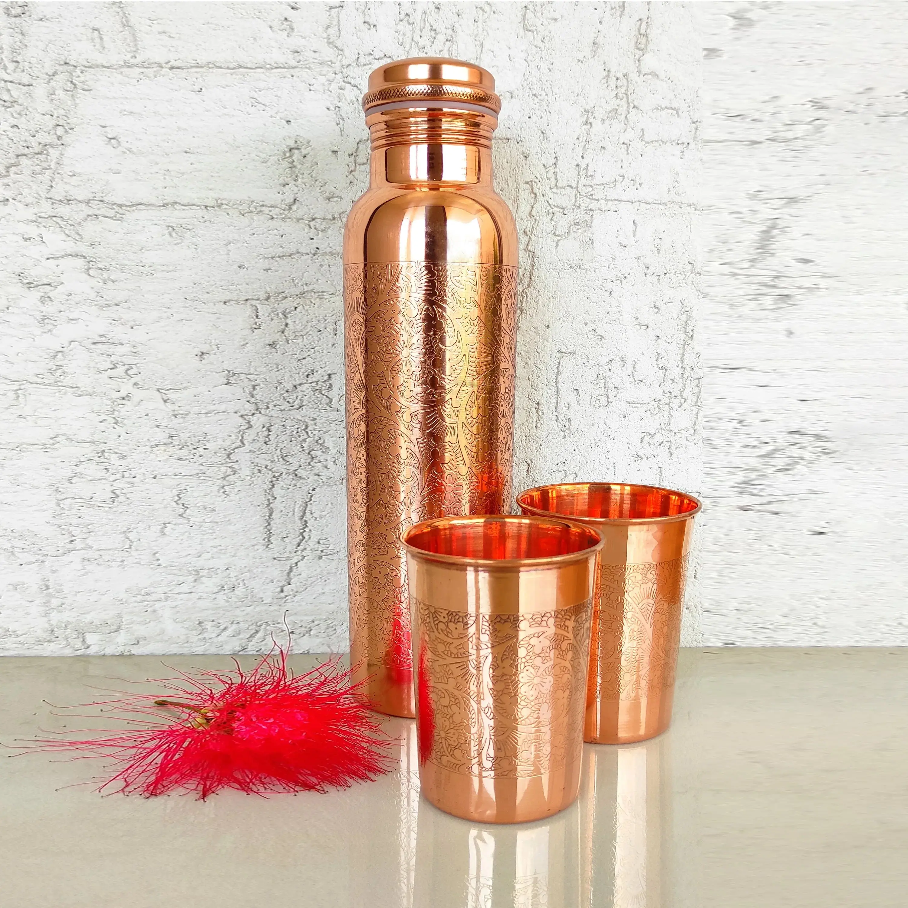 Traditional Handmade Aesthetic Pure Copper Drinkware Gift Set - 2 Glasses, 1 Reusable Water Bottle