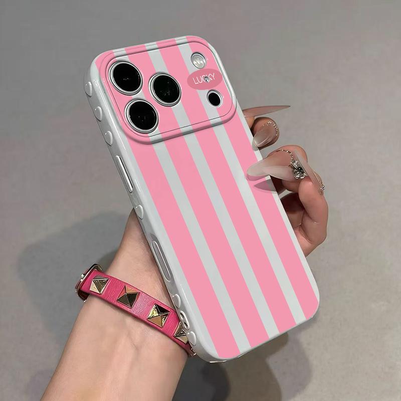 Color Block Stripe Lucky Slogan Phone Case - Premium Glossy Soft TPU-PC Composite Protective Cellphone Casing, Fingerprint Proof Soft Cover with Silky Non-Slip Skin-Friendly Surface, Side Embossed Heart Phone Decoration