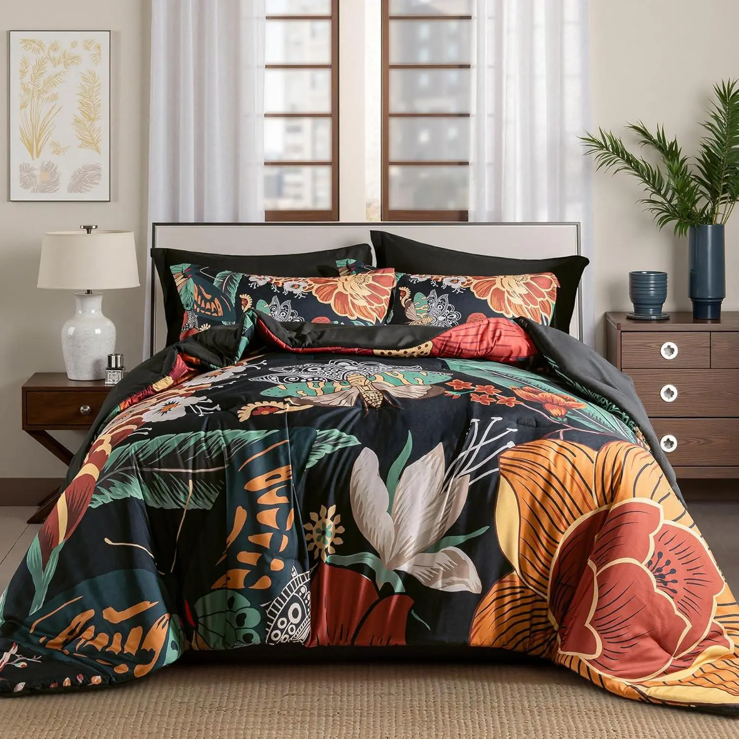 Black Boho Floral King Comforter Set - 3 Piece Farmhouse Botanical Bedding Comforter Sets for All Season Soft Lightweight Mid Century Modern Bed Set, (1 Re