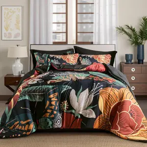 Black Boho Floral King Comforter Set - 3 Piece Farmhouse Botanical Bedding Comforter Sets for All Season Soft Lightweight Mid Century Modern Bed Set, (1 Re