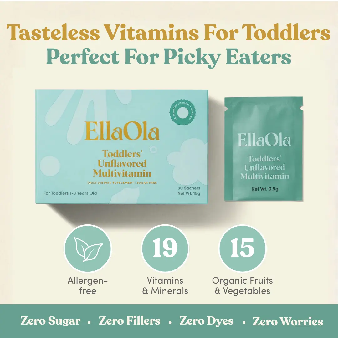 EllaOla Essential Tasteless Multivitamin for Toddlers (Up to Age 3)  - 30-Day Supply - Supports Total Health & Cognitive Development - 19 Vitamins & Minerals - 15 Organic Fruits & Veggies - Allergen-Free - Gluten-Free - Pediatrician-Developed