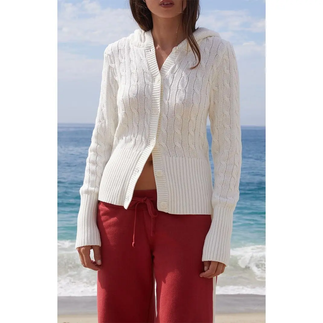 John Galt Women's White Cable Knit Button Down Hooded Sweater John Galt Women's White Cable Knit Button Down Hooded Sweater