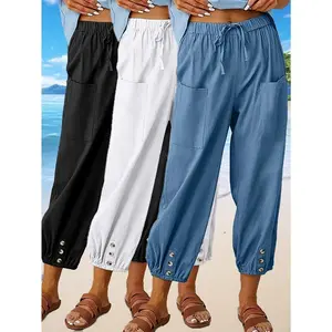 3-Pack Loose High-Waisted Button Linen Short Wide-Leg Unisex Pants with Pockets for Easy Outings Casual Long Pants, Elastic Waist