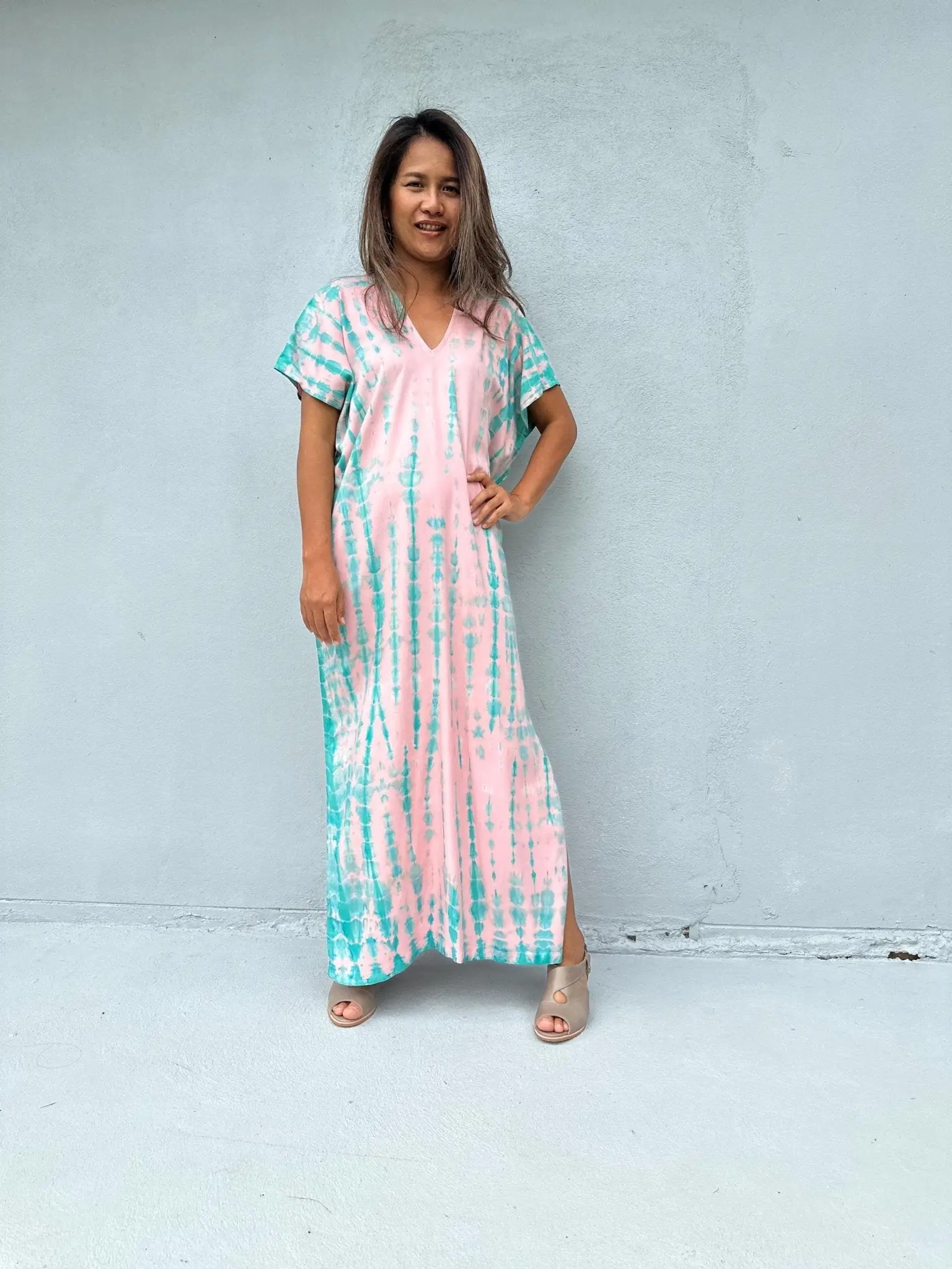 Petite Women's Callie Kaftan Dress in Casual Tie Dye Rayon - Belted, Breathable Fabric, 24" Width, Style, Breathable Rayon, Lightweight, Bubblegum & Aqua Tie Dye, Elongating Line