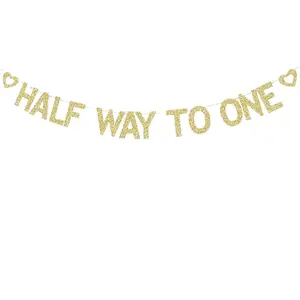 Half Way to One Banner, Baby's 6 Months Old Birthday, Half a Year Old Birthday Party Gold Gliter Paper Sign Backdrops Decoration