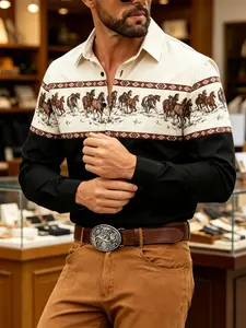 Vintage Bohemian Western Shirt, Horse Print Tribal Striped Colorblock Long Sleeve Casual Wear Button Up Top, Fitted Style, All Seasons