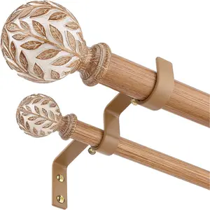 Double Curtain Rod, Boho Decorative Long Dual Curtain Rods for Windows 84 to 120 Inch, 1" Adjustable Heavy Duty Double Rod, Unique Handmade Imitation Wood Grain Leaf Finial Design