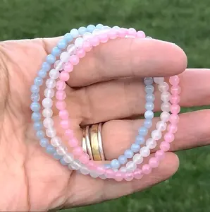 Fertility Beaded Gemstone Bracelet 3pcs Set - Aquamarine, Moonstone and Rose Quartz, 4mm Beaded Energy Crystal Bracelets