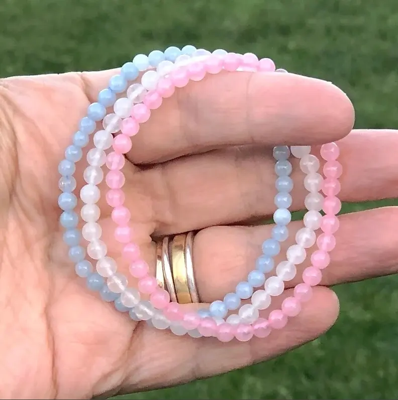 Fertility Beaded Gemstone Bracelet 3pcs Set - Aquamarine, Moonstone and Rose Quartz, 4mm Beaded Energy Crystal Bracelets