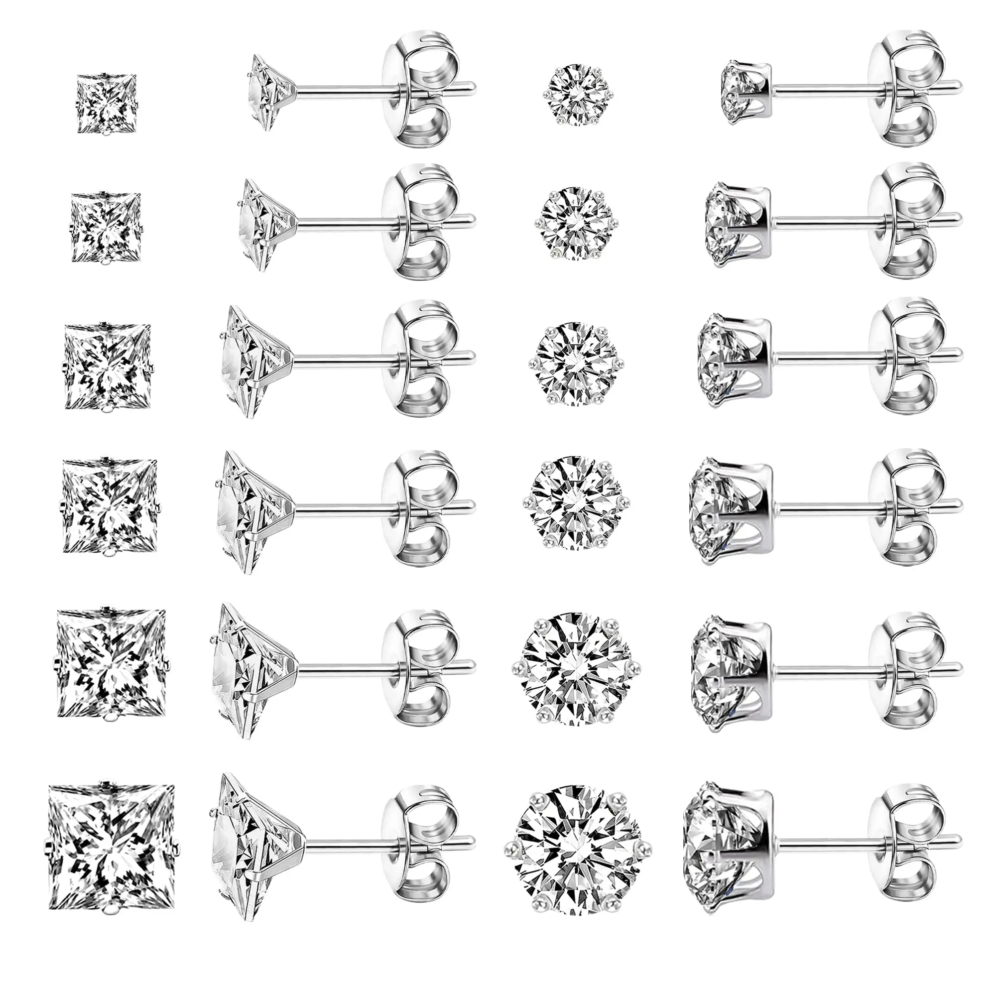 A Set of 12/6 Pairs Cubic Zirconia Stud Earrings,Hypoallergenic Silver Plated Piercing Pack,Clear Square & Round Princess Cut Diamond Simulator for Sensitive Ears,Halloween Christmas Party Fathersdaygift,Hand Tools Kits