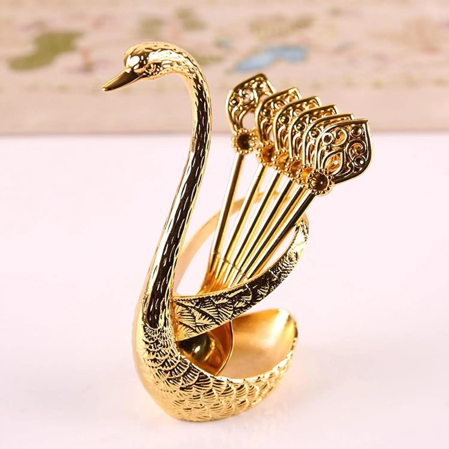 6counts 4.8 in Coffee Spoon Set With Holder, Cutlery Tableware Swan Spoon And Fork Holder, Gold Durable Spoons Coffee Station Storage Organizer For Home Kitchen Universal Gift(Gold)