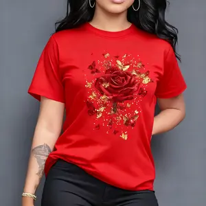 Best Selling Women’s Cotton T Shirt for Spring Summer Fall Loose Casual Fit Round Neck Short Sleeve Top with Vibrant Purple Butterfly Rose Print Comfortable Everyday Wear