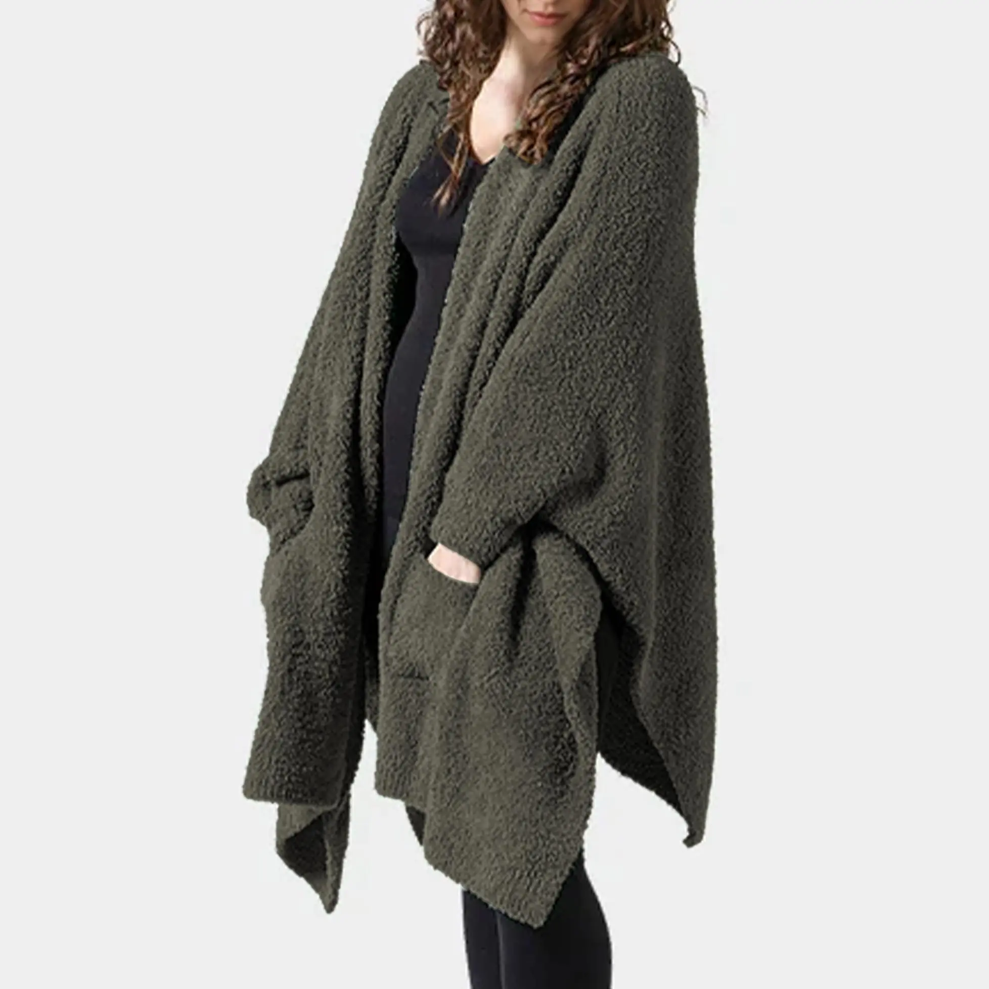Talakeno Wearable Blanket for Women, Cozy Hooded Sherpa Poncho with Pockets and Ribbed Cuffs, Plush Micro Feather Shawl Wrap, Machine Washable Throwblanket, Cozy Hooded Blanket, Machine Washable Blanket