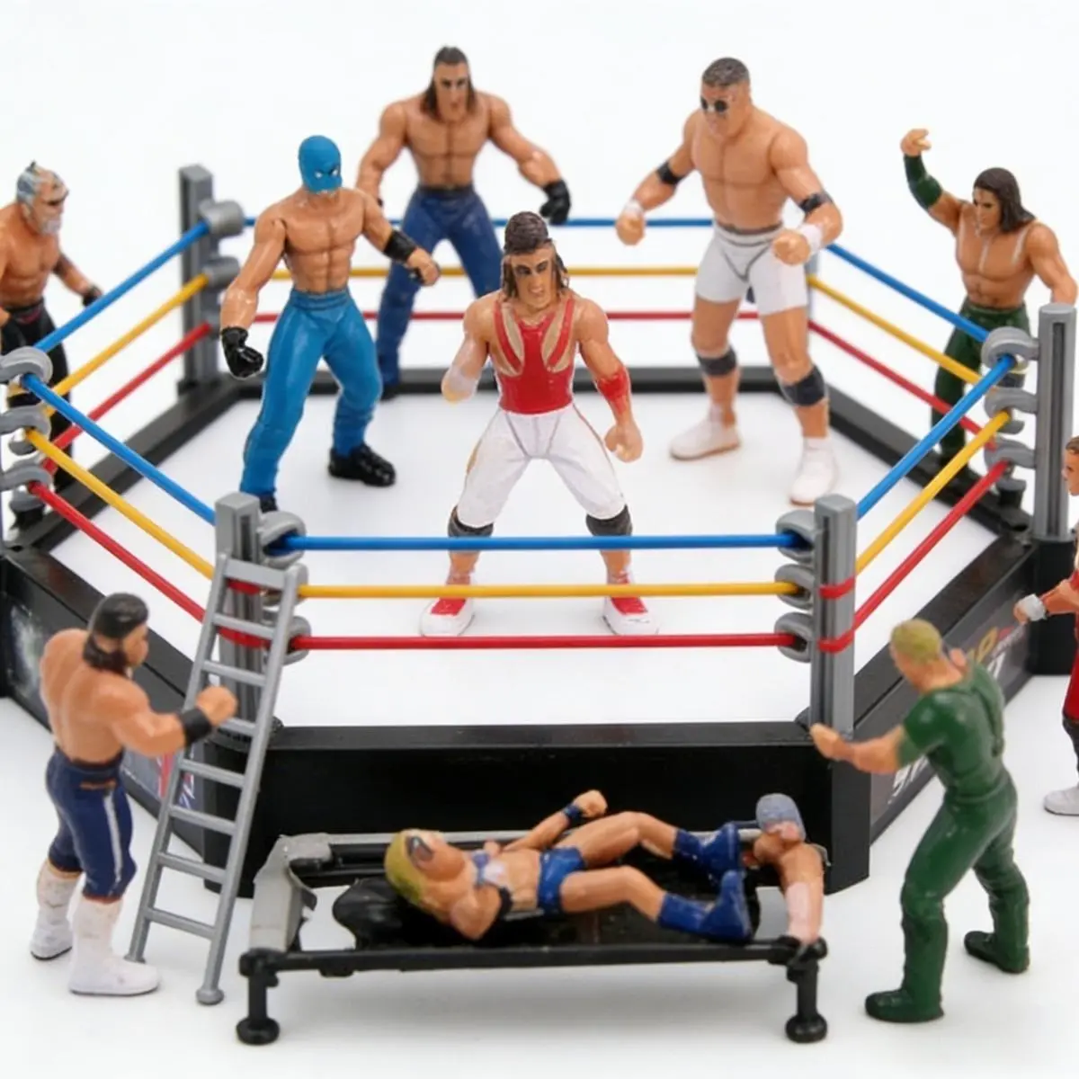 Wrestling Toy Complete Play Set - Articulated Wrestler Action Figures, 1 Unique Hexagonal Wrestling Ring, Full Accessories, Interactive Board Game for 12+ Boys, Birthday Gift, Collectible Decoration, Cake Topper Fun